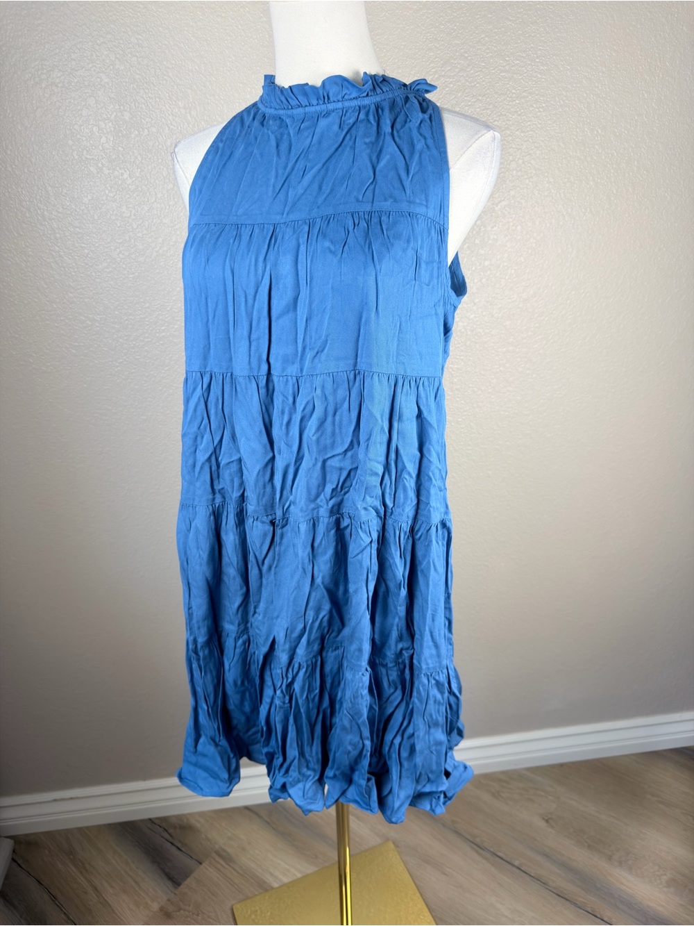 NWT Ruffled High-Neck Tiered Mini Dress in Blue Boho, Medium - Picture 5 of 7